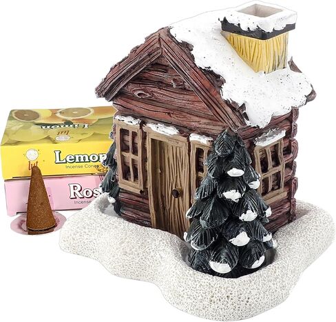 Lovely Log Cabin Incense Burner, Mini Snowy Winter Chimney Cottage Ash Catcher, Yoga Accessories Meditation Accessories, Home Chimney Decorations, 20 Pcs Handmade Incense Cones in Saudi Arabia