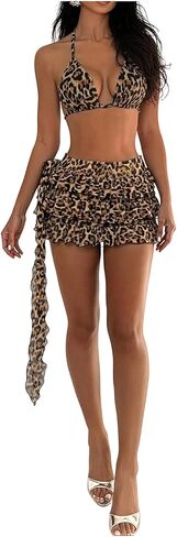 SOLY HUX Women's Leopard Bikini 3 Piece Swimsuits Halter High Cut Bathing Suit with Coverup Skirts in Saudi Arabia
