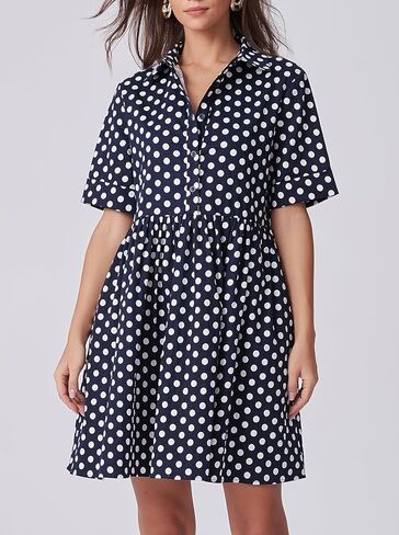 Ladyful Women's Polka Dot Dress Short Sleeve Button Down Shirt Dress Collared V Neck Casual A-Line Mini Dresses in Saudi Arabia