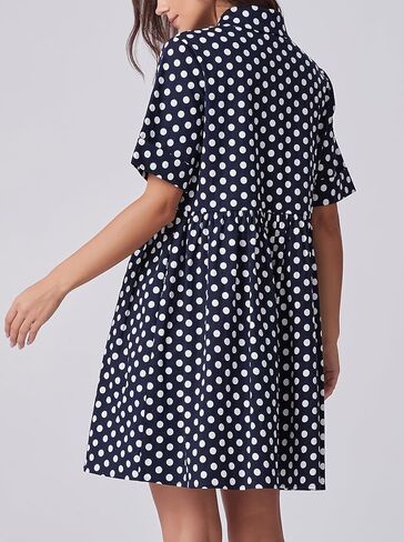 Ladyful Women's Polka Dot Dress Short Sleeve Button Down Shirt Dress Collared V Neck Casual A-Line Mini Dresses in Saudi Arabia