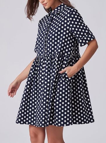 Ladyful Women's Polka Dot Dress Short Sleeve Button Down Shirt Dress Collared V Neck Casual A-Line Mini Dresses in Saudi Arabia