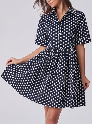 Ladyful Women's Polka Dot Dress Short Sleeve Button Down Shirt Dress Collared V Neck Casual A-Line Mini Dresses in Saudi Arabia