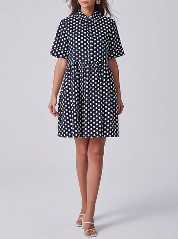 Ladyful Women's Polka Dot Dress Short Sleeve Button Down Shirt Dress Collared V Neck Casual A-Line Mini Dresses in Saudi Arabia