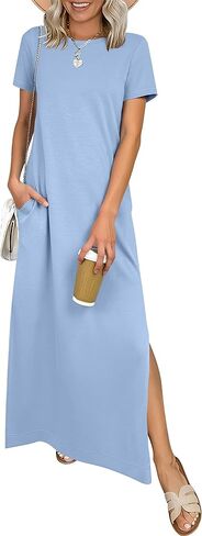 ANRABESS Womens Summer Casual Maxi Dress Short Sleeve Crewneck Split Wrinkle-Free Travel Long Sundress Beach Vacation Clothes in Kuwait
