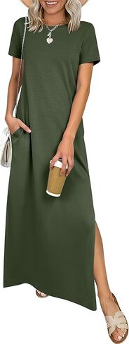 ANRABESS Womens Summer Casual Maxi Dress Short Sleeve Crewneck Split Wrinkle-Free Travel Long Sundress Beach Vacation Clothes in Kuwait