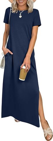 ANRABESS Womens Summer Casual Maxi Dress Short Sleeve Crewneck Split Wrinkle-Free Travel Long Sundress Beach Vacation Clothes in Kuwait