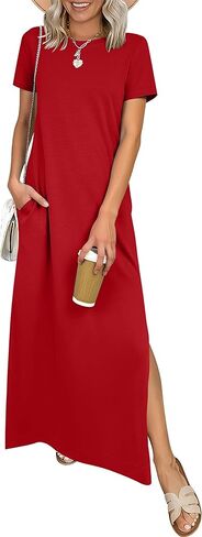 ANRABESS Womens Summer Casual Maxi Dress Short Sleeve Crewneck Split Wrinkle-Free Travel Long Sundress Beach Vacation Clothes in Kuwait