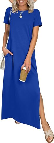 ANRABESS Womens Summer Casual Maxi Dress Short Sleeve Crewneck Split Wrinkle-Free Travel Long Sundress Beach Vacation Clothes in Kuwait