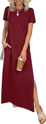 ANRABESS Womens Summer Casual Maxi Dress Short Sleeve Crewneck Split Wrinkle-Free Travel Long Sundress Beach Vacation Clothes in Kuwait