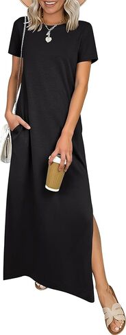 ANRABESS Womens Summer Casual Maxi Dress Short Sleeve Crewneck Split Wrinkle-Free Travel Long Sundress Beach Vacation Clothes in Kuwait