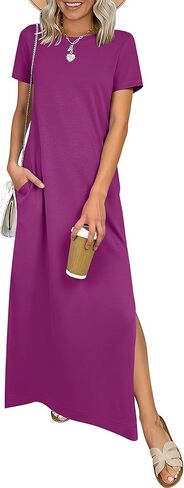 ANRABESS Womens Summer Casual Maxi Dress Short Sleeve Crewneck Split Wrinkle-Free Travel Long Sundress Beach Vacation Clothes in Kuwait