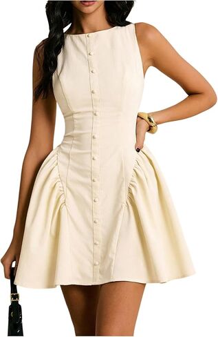 MakeMeChic Women's Open Back Dress Button Sleeveless A Line Business Short Dresses in Saudi Arabia
