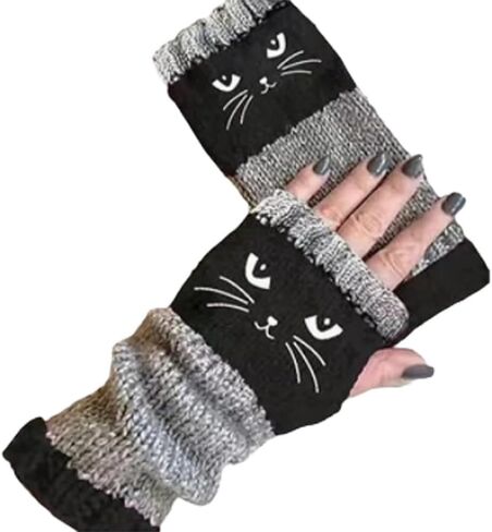 Women's Knitted Fingerless Gloves with Cute Cat Embroidery, Cozy & Soft Knit Fabric Fingerless Cold Weather Cat Gloves for Winter Walk in Saudi Arabia