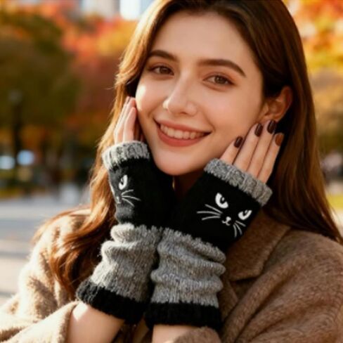 Women's Knitted Fingerless Gloves with Cute Cat Embroidery, Cozy & Soft Knit Fabric Fingerless Cold Weather Cat Gloves for Winter Walk in Saudi Arabia