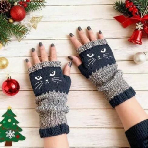 Women's Knitted Fingerless Gloves with Cute Cat Embroidery, Cozy & Soft Knit Fabric Fingerless Cold Weather Cat Gloves for Winter Walk in Saudi Arabia