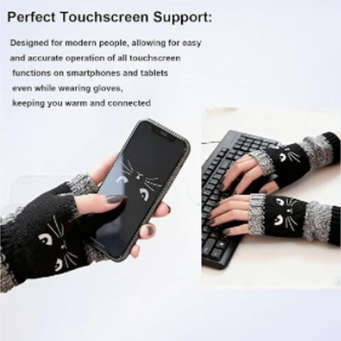 Women's Knitted Fingerless Gloves with Cute Cat Embroidery, Cozy & Soft Knit Fabric Fingerless Cold Weather Cat Gloves for Winter Walk in Saudi Arabia