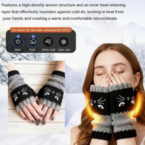 Women's Knitted Fingerless Gloves with Cute Cat Embroidery, Cozy & Soft Knit Fabric Fingerless Cold Weather Cat Gloves for Winter Walk in Saudi Arabia