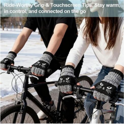 Women's Knitted Fingerless Gloves with Cute Cat Embroidery, Cozy & Soft Knit Fabric Fingerless Cold Weather Cat Gloves for Winter Walk in Saudi Arabia