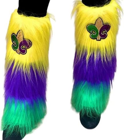 أغطية أحذية Mardi Gras Fuzzy Leg Warmers الملونة من الفرو الصناعي مع Fleur de Lis باللون الأرجواني والأخضر والذهبي لملابس المهرجانات in Kuwait
