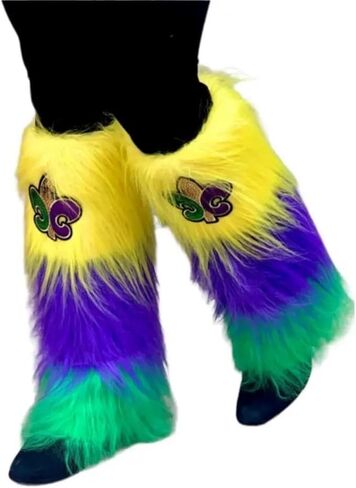 أغطية أحذية Mardi Gras Fuzzy Leg Warmers الملونة من الفرو الصناعي مع Fleur de Lis باللون الأرجواني والأخضر والذهبي لملابس المهرجانات in Kuwait