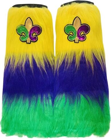 أغطية أحذية Mardi Gras Fuzzy Leg Warmers الملونة من الفرو الصناعي مع Fleur de Lis باللون الأرجواني والأخضر والذهبي لملابس المهرجانات in Kuwait