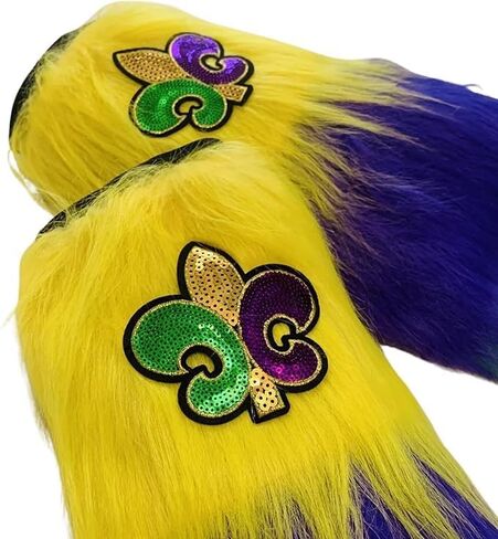 أغطية أحذية Mardi Gras Fuzzy Leg Warmers الملونة من الفرو الصناعي مع Fleur de Lis باللون الأرجواني والأخضر والذهبي لملابس المهرجانات in Kuwait