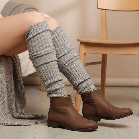 زوجان من تدفئة الساق للنساء، تدفئة الساق النسائية الأنيقة بنمط الثمانينات، شتوية دافئة فوق الركبة عالية للحفلات الرياضية واليوجا أسود ورمادي in Kuwait