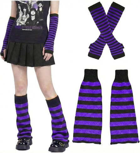 مجموعة Harajuku لتدفئة الساق والذراع، جوارب عالية مخططة باللونين الأحمر والأسود Y2K، إكسسوارات مشهد قوطي واسعة للنساء in Kuwait
