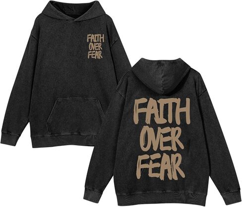 Christian Hoodies for Men Faith Over Fear Graphic Hoodie Jesus Religious Sweatshirts Vintage Acid Wash Pullover Tops in Saudi Arabia