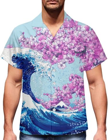 GLUDEAR Men's Paint The Great Wave Off Kanagawa 3D Print Casual Button Down Shirt in Saudi Arabia