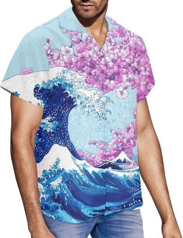 GLUDEAR Men's Paint The Great Wave Off Kanagawa 3D Print Casual Button Down Shirt in Saudi Arabia