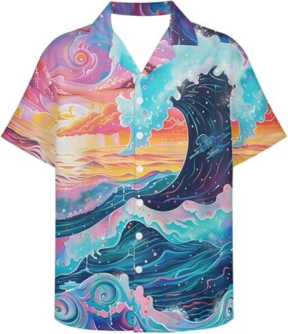 GLUDEAR Men's Paint The Great Wave Off Kanagawa 3D Print Casual Button Down Shirt in Saudi Arabia