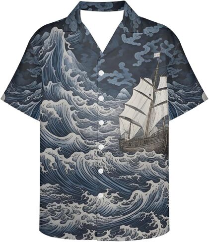 GLUDEAR Men's Paint The Great Wave Off Kanagawa 3D Print Casual Button Down Shirt in Saudi Arabia