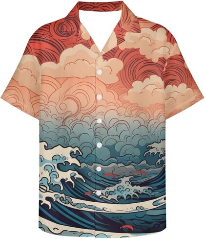 GLUDEAR Men's Paint The Great Wave Off Kanagawa 3D Print Casual Button Down Shirt in Saudi Arabia