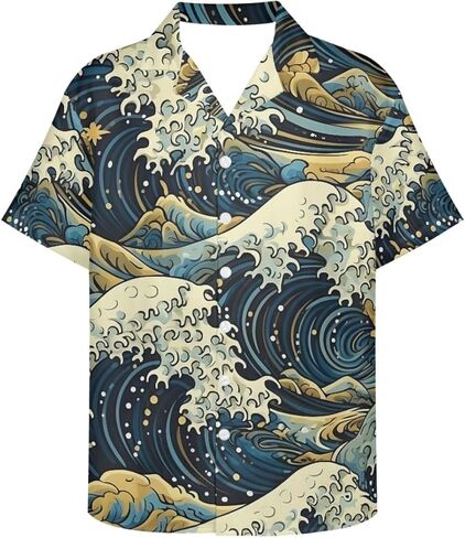 GLUDEAR Men's Paint The Great Wave Off Kanagawa 3D Print Casual Button Down Shirt in Saudi Arabia
