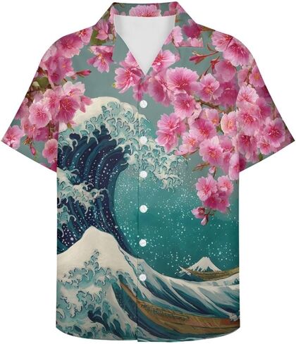 GLUDEAR Men's Paint The Great Wave Off Kanagawa 3D Print Casual Button Down Shirt in Saudi Arabia
