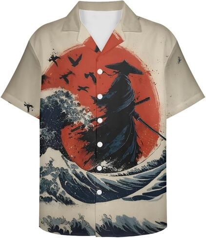 GLUDEAR Men's Paint The Great Wave Off Kanagawa 3D Print Casual Button Down Shirt in Saudi Arabia