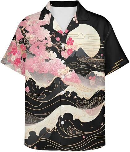 GLUDEAR Men's Paint The Great Wave Off Kanagawa 3D Print Casual Button Down Shirt in Saudi Arabia