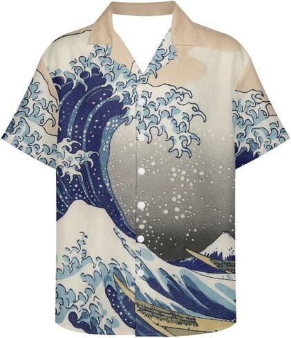 قميص GLUDEAR الرجالي Paint The Great Wave Off Kanagawa بطباعة ثلاثية الأبعاد كاجوال بأزرار سفلية in Kuwait