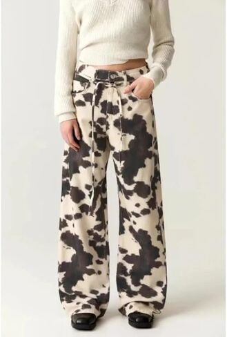 Cow Print Loose Wide Leg Jeans Unisex Y2K Vintage High Waisted Baggy Denim Pants with Retro Street Style in Saudi Arabia