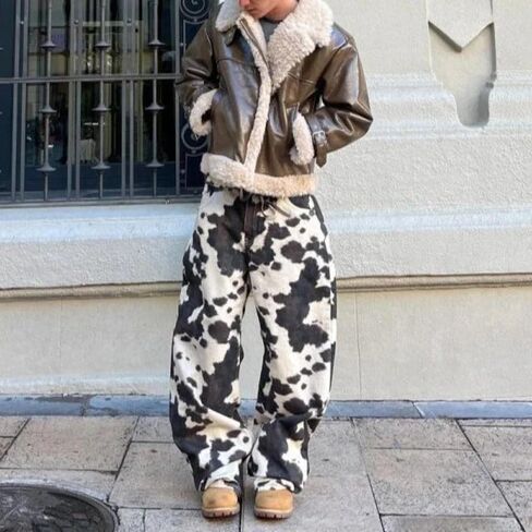 Cow Print Loose Wide Leg Jeans Unisex Y2K Vintage High Waisted Baggy Denim Pants with Retro Street Style in Saudi Arabia