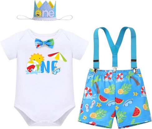 IBTOM CASTLE Baby Boy First Birthday Outfits Short Sleeve One Year Old Romper Shorts 4pcs Summer Cake Smash Clothes Set in Saudi Arabia