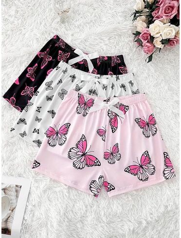Women’s Pajama Shorts, Plus Size 3-Piece Butterfly Print Sleep Shorts, Casual Loungewear with Adjustable Waistband in Saudi Arabia