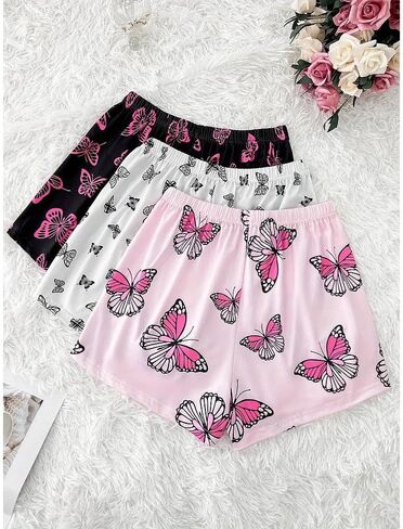 Women’s Pajama Shorts, Plus Size 3-Piece Butterfly Print Sleep Shorts, Casual Loungewear with Adjustable Waistband in Saudi Arabia