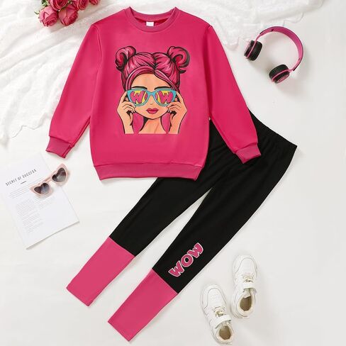 Girls Pants Set 8-12Y: Pink Graphic WOW Hoodie & Black Leggings with Side Print for Casual School Outfit in Saudi Arabia