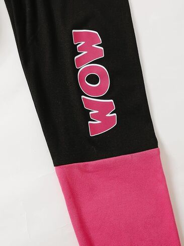 Girls Pants Set 8-12Y: Pink Graphic WOW Hoodie & Black Leggings with Side Print for Casual School Outfit in Saudi Arabia