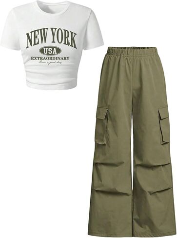 Girl's 2 Piece Outfits Short Sleeve T-Shirt and Flap Pocket Cargo Pants Set Kid Pants Clothing Set for 13-16Y in Kuwait