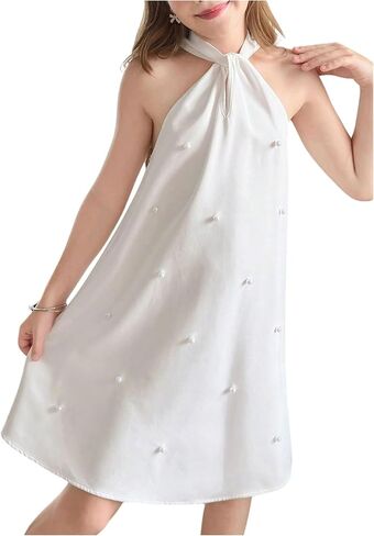 Floerns Girl's Elegant Bow Pearl Beaded Halter Dress Twist Knot Sleeveless Straight Short Dresses in Saudi Arabia