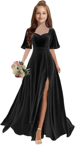 MRHUSH Junior Bridesmaid Dresses Velvet Flutter Sleeve Flower Girl Dress Side Silt Prom Dresses for Teens Girls Formal Dress in Saudi Arabia