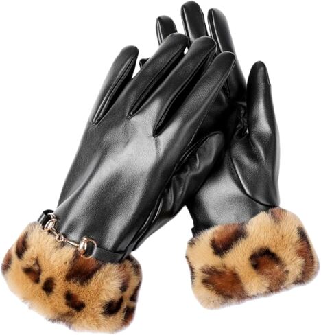 قفازات جلدية للنساء شتوية من البولي يوريثان بطباعة الفهد معدنية متوترة بإبزيم حدوة الحصان وبطانة من الصوف للدفء أثناء القيادة in Kuwait